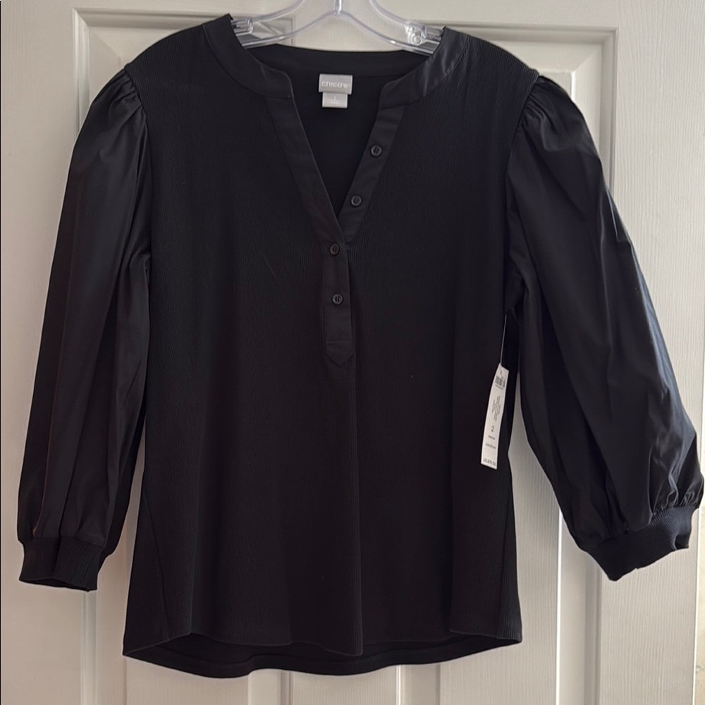 Chico's Black Puff Sleeve Blouse with Mandarin Collar